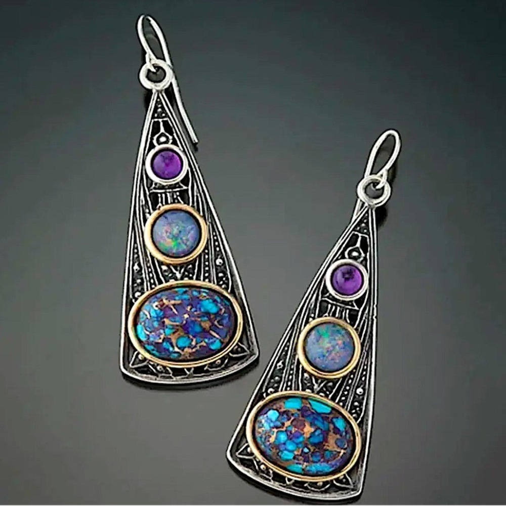 Vintage Handmade Boho Earrings, Silver Geometric